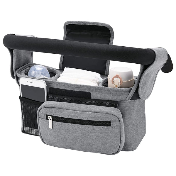 Grey Universal Stroller Organiser Caddy With Insulated Cup Holders And Detachable Wristlet Pram Organisers & Nets