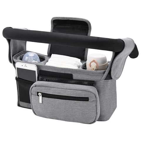 Grey Universal Stroller Organiser Caddy With Insulated Cup Holders And Detachable Wristlet Pram Organisers & Nets