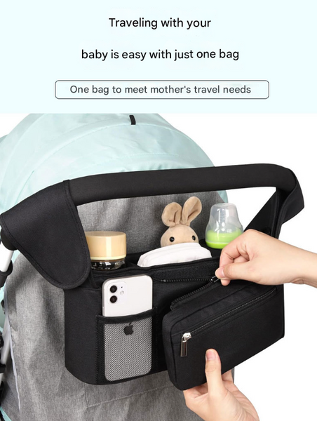 Grey Universal Stroller Organiser Caddy With Insulated Cup Holders And Detachable Wristlet Pram Organisers & Nets
