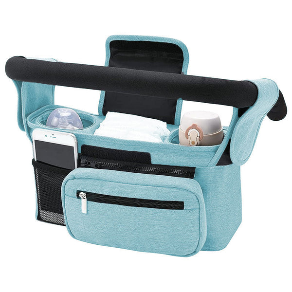 Blue Universal Stroller Organiser Caddy With Insulated Cup Holders And Detachable Wristlet Pram Organisers & Nets