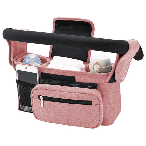 Pink Universal Stroller Organiser Caddy With Insulated Cup Holders And Detachable Wristlet Pram Organisers & Nets
