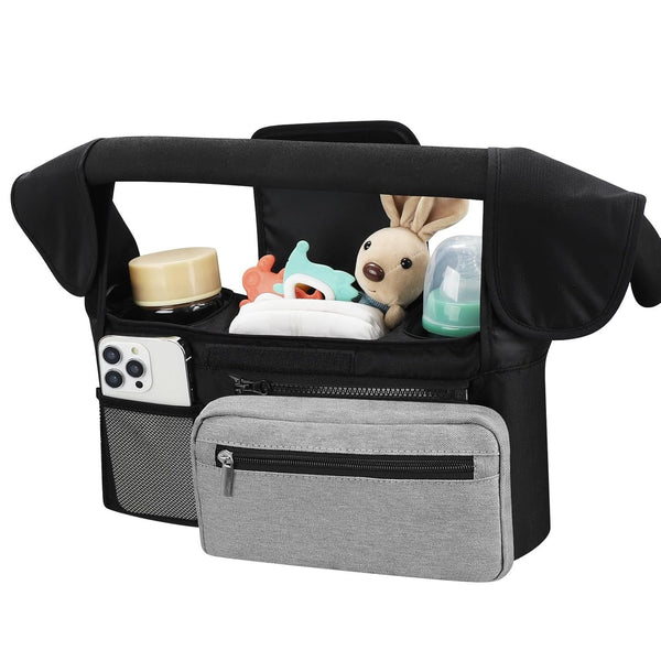 Black And Gray Stitching Universal Stroller Organiser Caddy With Insulated Cup Holders Detachable Wristlet Pram Organisers & Nets