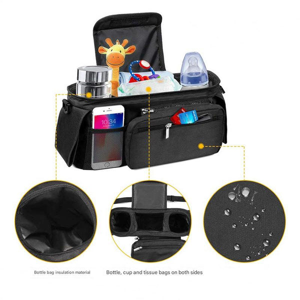 Black And Gray Stitching Universal Stroller Organiser Caddy With Insulated Cup Holders Detachable Wristlet Pram Organisers & Nets