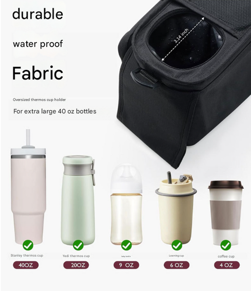 Black And Gray Stitching Universal Stroller Organiser Caddy With Insulated Cup Holders Detachable Wristlet Pram Organisers & Nets