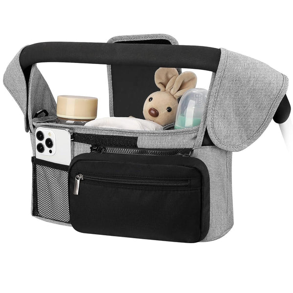 Grey And Black Stitching Universal Stroller Organiser Caddy With Insulated Cup Holders Detachable Wristlet Pram Organisers & Nets