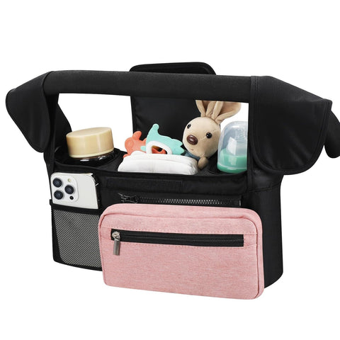 Black And Pink Stitching Universal Stroller Organiser Caddy With Insulated Cup Holders Detachable Wristlet Pram Organisers & Nets