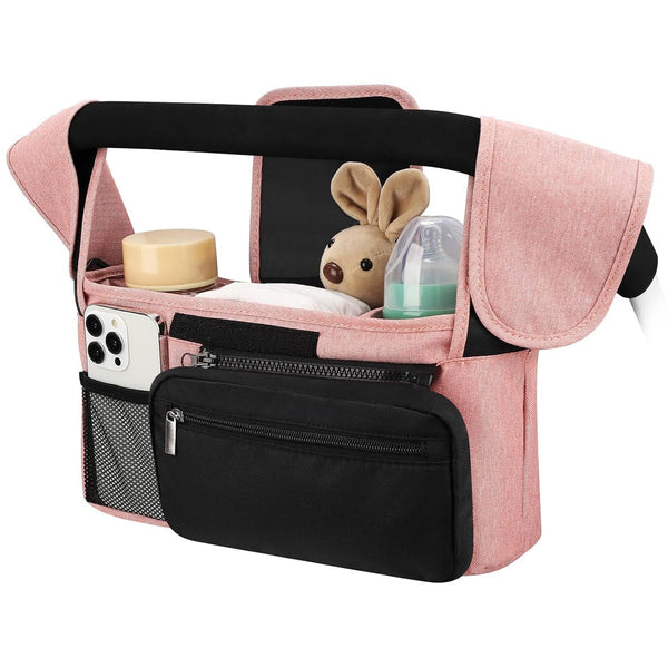 Pink And Black Stitching Universal Stroller Organiser Caddy With Insulated Cup Holders Detachable Wristlet Pram Organisers & Nets