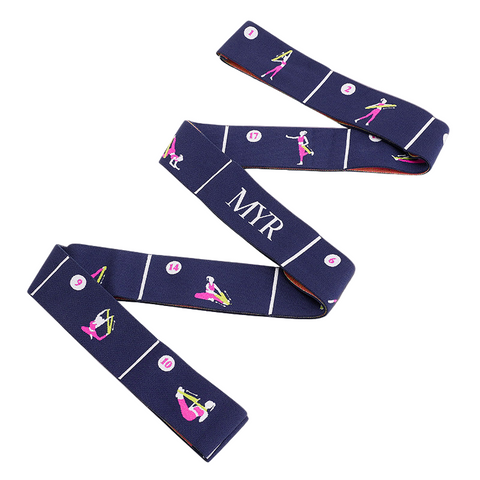 Dark Blue Instructional Yoga Stretch Strap With Embroidered Pose Guide 11 Loop Flexibility Band Yoga Straps