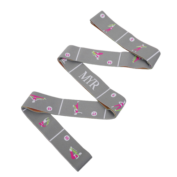 Grey Instructional Yoga Stretch Strap With Embroidered Pose Guide 11 Loop Flexibility Band Yoga Straps
