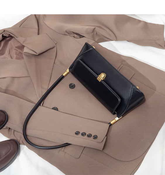 Black Elegant Vintage Baguette Shoulder Chic Pu Leather Underarm Purse With Gold Clasp Women's Bags & Handbags
