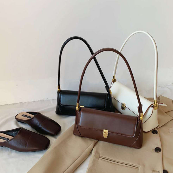 Brown Elegant Vintage Baguette Shoulder Chic Pu Leather Underarm Purse With Gold Clasp Women's Bags & Handbags