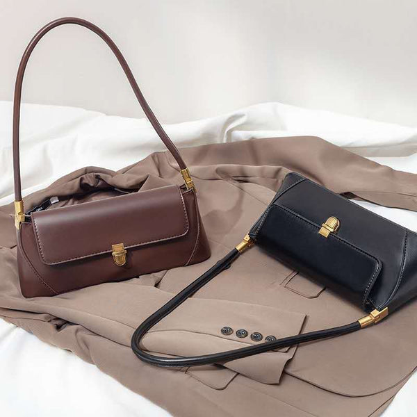 Brown Elegant Vintage Baguette Shoulder Chic Pu Leather Underarm Purse With Gold Clasp Women's Bags & Handbags