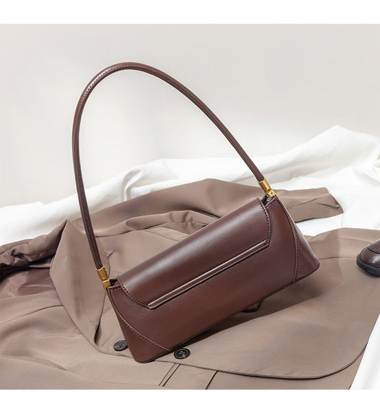 Brown Elegant Vintage Baguette Shoulder Chic Pu Leather Underarm Purse With Gold Clasp Women's Bags & Handbags