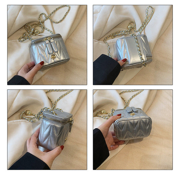 Silver Chic Quilted Mini Box Crossbody Bag Luxury Style Chain Purse For Women Women's Bags & Handbags