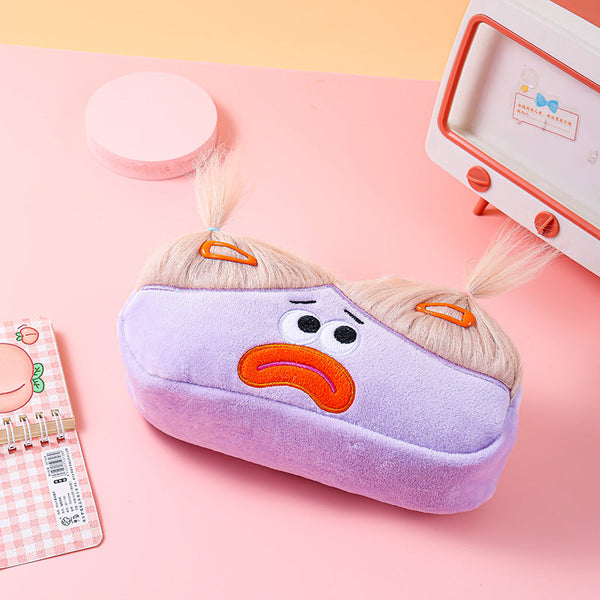 Purple And Blonde Hair Cute Plush Monster Pencil Case Fluffy Stationery Pouch With Diy Styleable For Kids Pencil Cases