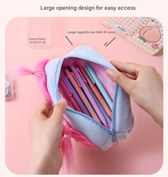 Purple And Blonde Hair Cute Plush Monster Pencil Case Fluffy Stationery Pouch With Diy Styleable For Kids Pencil Cases