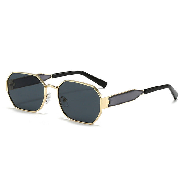 Gold Frame And Black Grey Lenses Modern Retro Geometric Chic Metal With Uv400 Pu Leather Protective Case Sunglasses