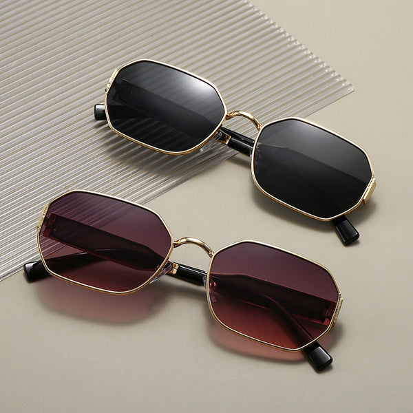 Gold Frame And Black Grey Lenses Modern Retro Geometric Chic Metal With Uv400 Pu Leather Protective Case Sunglasses