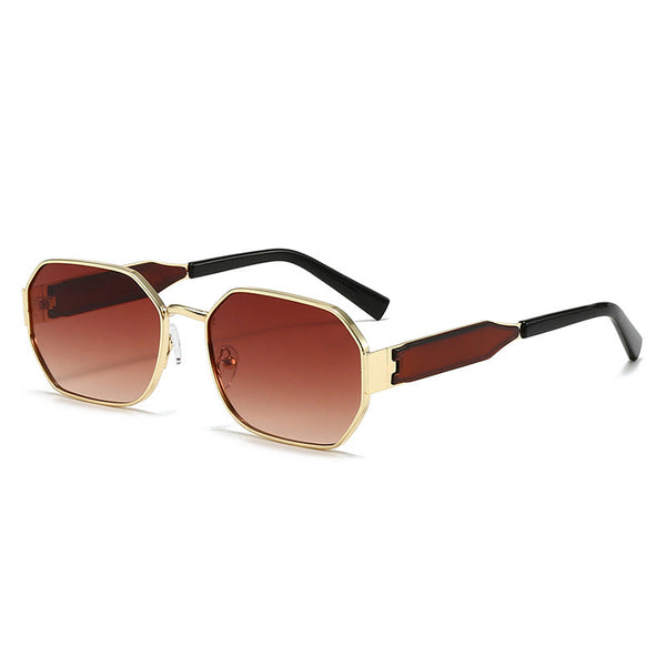 Gold Frame And Brown Lenses Modern Retro Geometric Chic Metal With Uv400 Black Pu Leather Protective Case Sunglasses