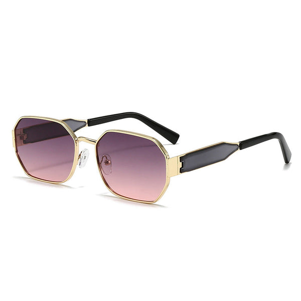 Gold Frame And Pink Grey Lenses Modern Retro Geometric Chic Metal With Uv400 Black Pu Leather Protective Case Sunglasses