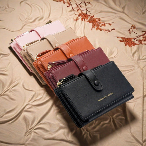 Light Brown Compact Bifold Wallet For Women High Capacity Pu Leather Purse With Zipper Coin Pocket Wallets