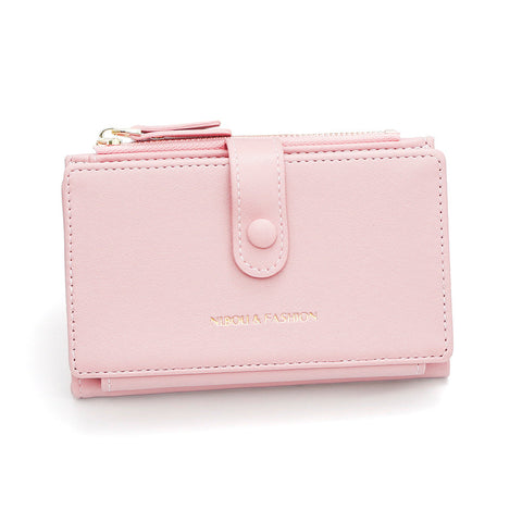 Pink Compact Bifold Wallet For Women High Capacity Pu Leather Purse With Zipper Coin Pocket Wallets