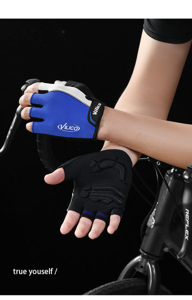 Size M Blue Padded Half Finger Cycling Breathable Shock Absorbing Workout For Gym & Fitness Gloves