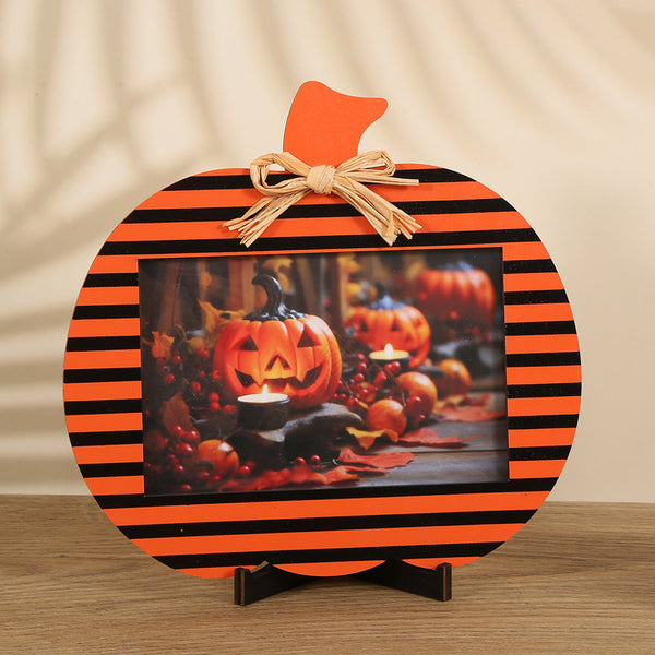 Black And Orange Stripes Pattern Festive Pumpkin Photo Frame Rustic Halloween Tabletop Picture Holder Ornaments & Statues