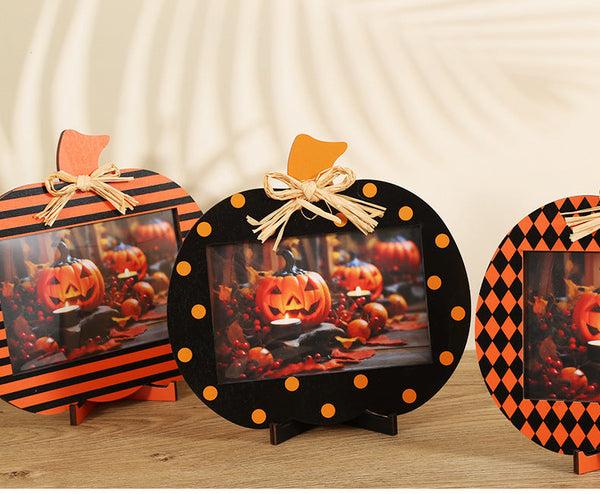 Black And Orange Stripes Pattern Festive Pumpkin Photo Frame Rustic Halloween Tabletop Picture Holder Ornaments & Statues