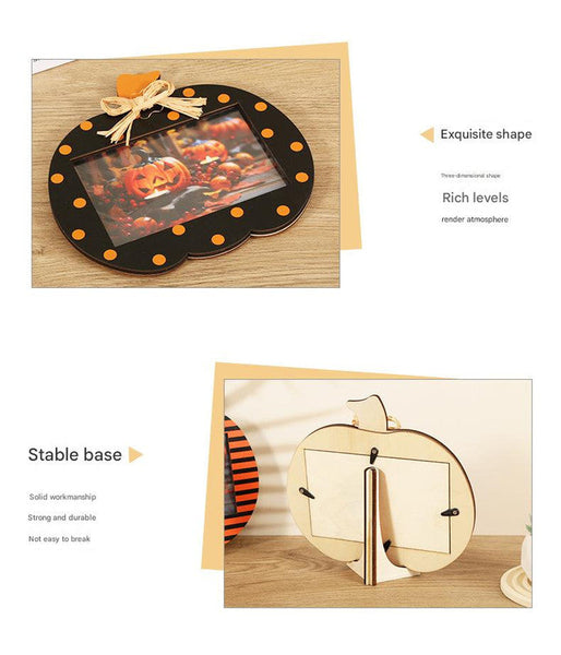 Black And Orange Stripes Pattern Festive Pumpkin Photo Frame Rustic Halloween Tabletop Picture Holder Ornaments & Statues