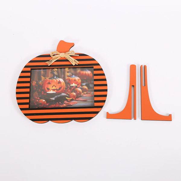 Black And Orange Stripes Pattern Festive Pumpkin Photo Frame Rustic Halloween Tabletop Picture Holder Ornaments & Statues