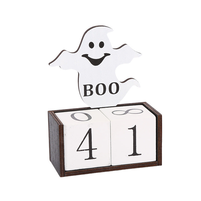 White Ghost Shape Festive Halloween Countdown Blocks Reusable Wooden Perpetual Calendar For Desk Decor Seasonal Decorations