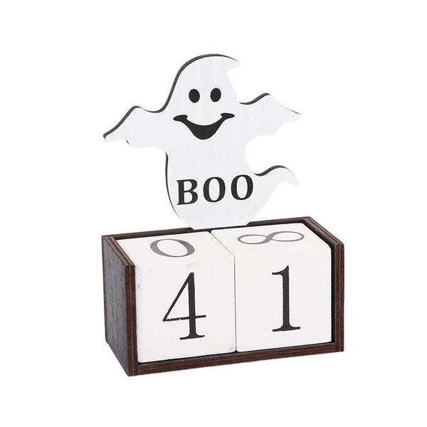 White Ghost Shape Festive Halloween Countdown Blocks Reusable Wooden Perpetual Calendar For Desk Decor Seasonal Decorations