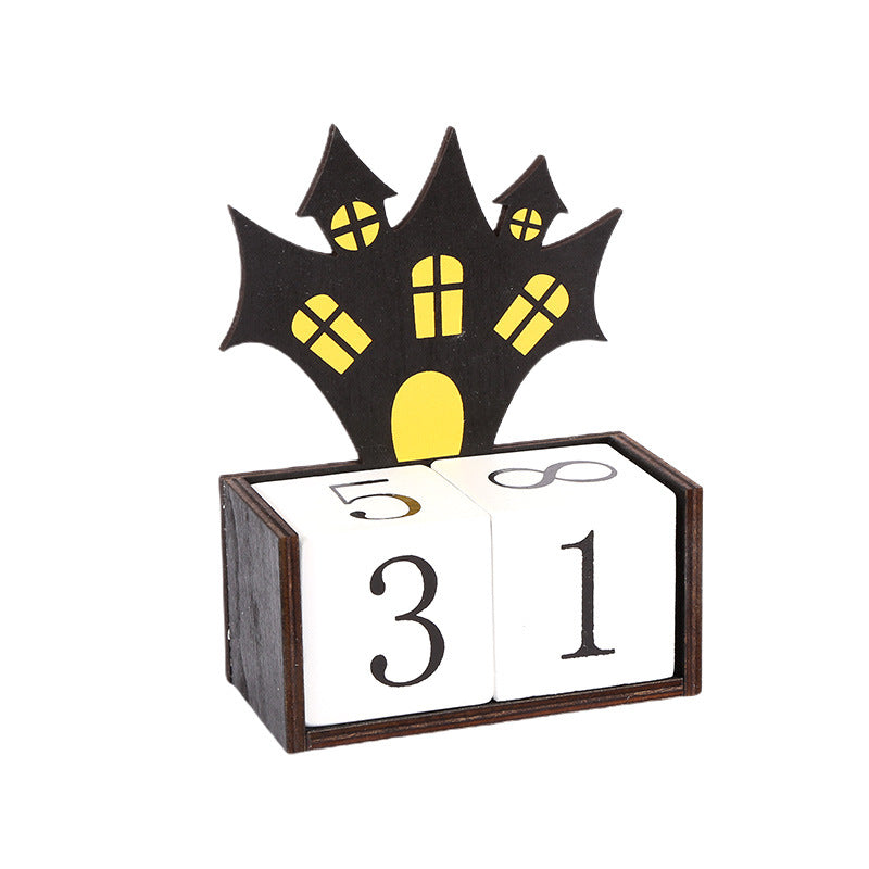 Black Castle Shape Festive Halloween Countdown Blocks Reusable Wooden Perpetual Calendar For Desk Decor Seasonal Decorations