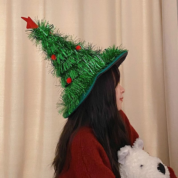 Green Sparkly Tinsel Christmas Tree Hat Festive Holiday Party Headwear For Adults & Kids Other Party Supplies
