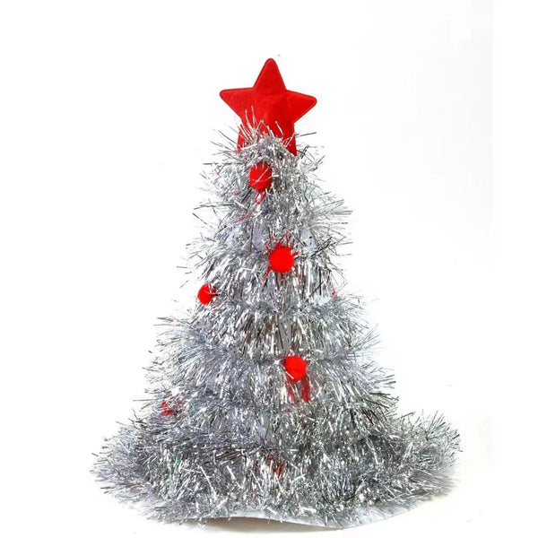 Silver Sparkly Tinsel Christmas Tree Hat Festive Holiday Party Headwear For Adults & Kids Other Party Supplies