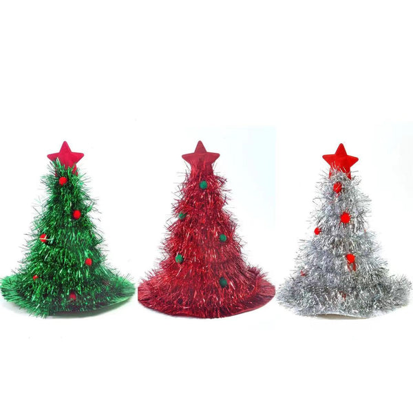 Silver Sparkly Tinsel Christmas Tree Hat Festive Holiday Party Headwear For Adults & Kids Other Party Supplies