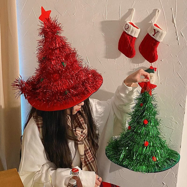 Silver Sparkly Tinsel Christmas Tree Hat Festive Holiday Party Headwear For Adults & Kids Other Party Supplies