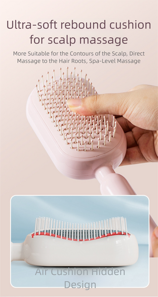 Pink Innovative Self Cleaning Cushion Hairbrush Retractable Bristle Detangling & Scalp Massager Brushes & Combs