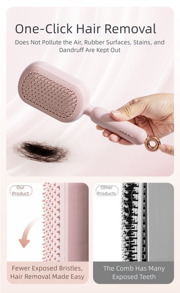 Pink Innovative Self Cleaning Cushion Hairbrush Retractable Bristle Detangling & Scalp Massager Brushes & Combs
