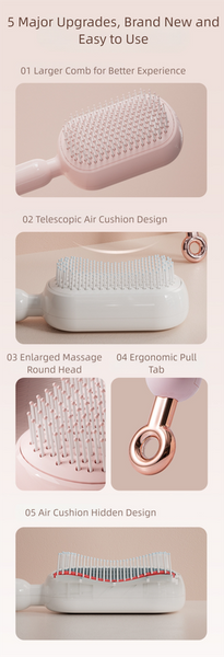 Pink Innovative Self Cleaning Cushion Hairbrush Retractable Bristle Detangling & Scalp Massager Brushes & Combs