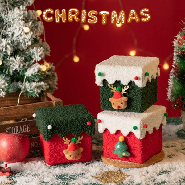 Red And White Luxe Plush Christmas Gift Box Decorative Holiday Treat With Snowy Trim Gift Boxes