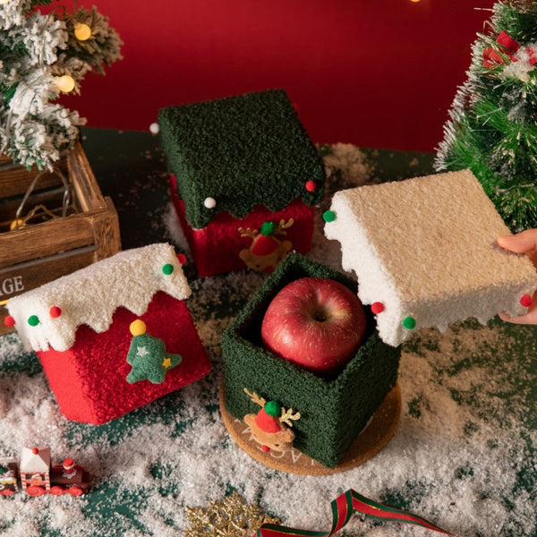Red And White Luxe Plush Christmas Gift Box Decorative Holiday Treat With Snowy Trim Gift Boxes