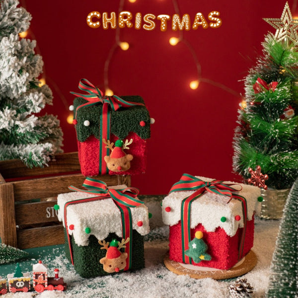 Red And Green Luxe Plush Christmas Gift Box Decorative Holiday Treat With Snowy Trim Gift Boxes