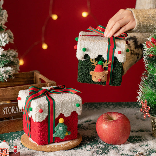 White And Green Luxe Plush Christmas Gift Box Decorative Holiday Treat With Snowy Trim Gift Boxes