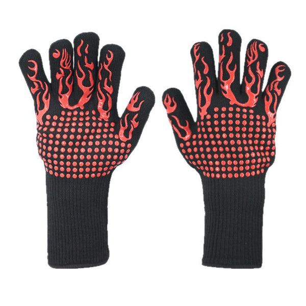 Red Flame Pattern Extreme Heat Resistant Bbq Gloves 500A°C Flame Design Oven Gloves With Non Slip Silicone Grip Parts & Accessories