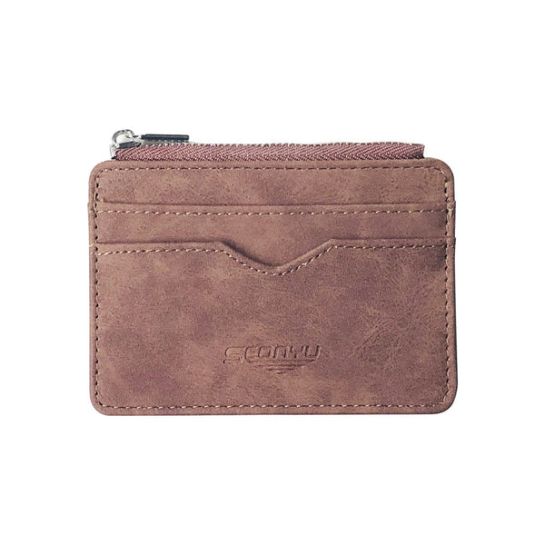 2 Pcs Brown Men's Slim Frosted Pu Leather Card Holder Wallet With Zip Coin Pocket Multi Id Case Wallets