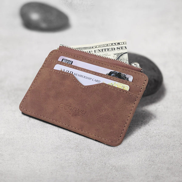 2 Pcs Brown Men's Slim Frosted Pu Leather Card Holder Wallet With Zip Coin Pocket Multi Id Case Wallets