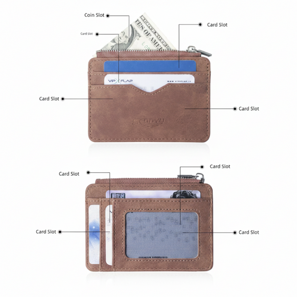 2 Pcs Brown Men's Slim Frosted Pu Leather Card Holder Wallet With Zip Coin Pocket Multi Id Case Wallets