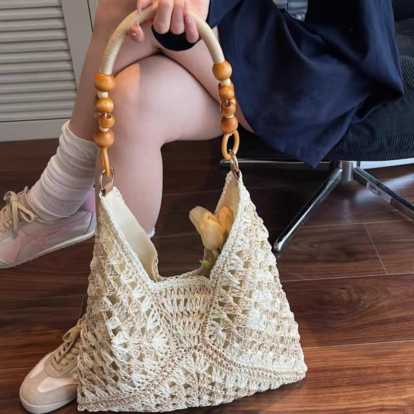 White And Beige Stylish Hand Woven Paper Rope Bag Boho Crochet Tote For Summer & Travel Women's Bags & Handbags